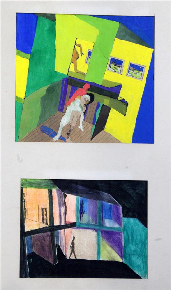 David Leverett (1938-) Two interiors with figures, c.1962, 8 x 8.75in. and 6 x 8in. framed as one